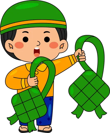 Menino muçulmano segurando ketupat verde  Ilustração