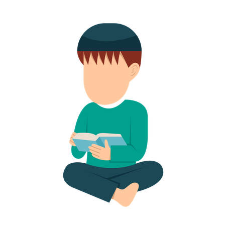 Menino muçulmano sentado no chão e lendo livro do Alcorão  Ilustração