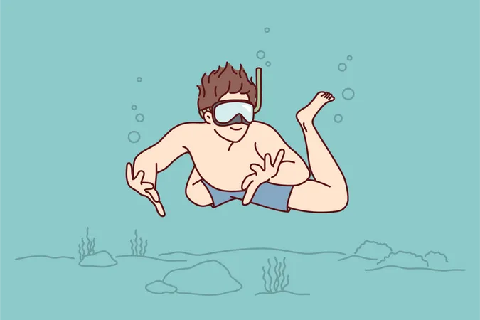 Menino nadando debaixo d'água  Ilustração