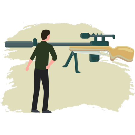 Menino olhando para uma arma de rifle  Ilustração
