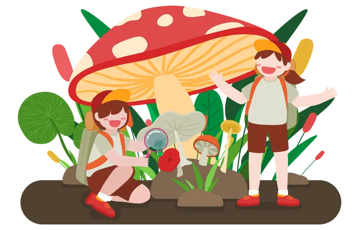 Menino olhando cogumelo usando lupa enquanto menina está de pé  Ilustração