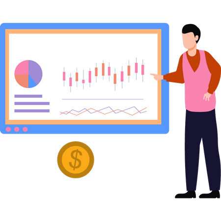 Menino olhando para o quadro gráfico do dólar  Ilustração