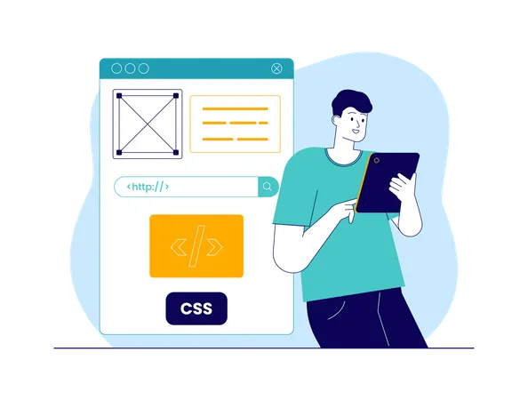 Garoto olhando wireframe enquanto faz codificação css  Ilustração