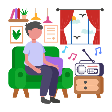 Menino ouça em qualquer lugar com rádio portátil  Ilustração