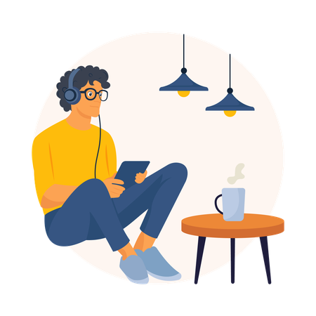 Menino ouvindo podcast no rádio  Ilustração