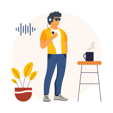 Menino ouvindo podcast pelo celular  Ilustração