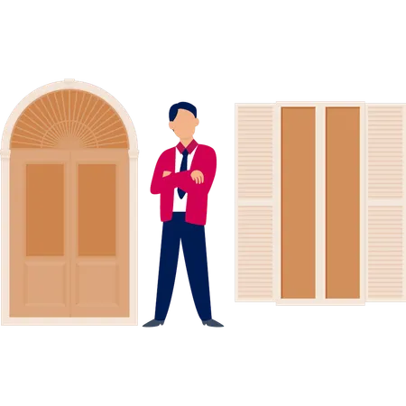 Menino parado na porta  Ilustração