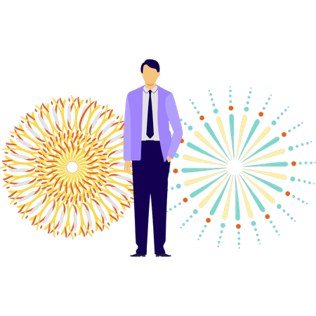 Menino em pé perto de fogos de artifício explodindo  Ilustração