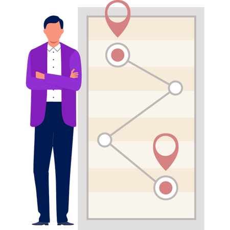 Menino parado perto dos locais do mapa  Ilustração