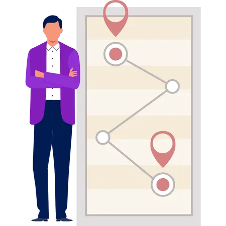 Menino parado perto dos locais do mapa  Ilustração