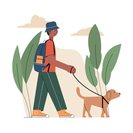 Menino andando com cachorro de estimação  Ilustração