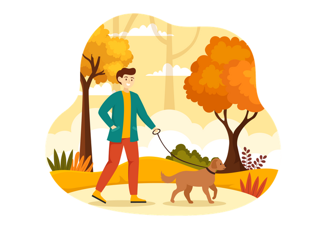 Menino andando com cachorro no Autumn Park  Ilustração