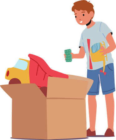 Menino tirando brinquedos de uma caixa grande  Ilustração