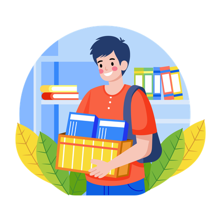 Menino pegando livros da biblioteca  Ilustração