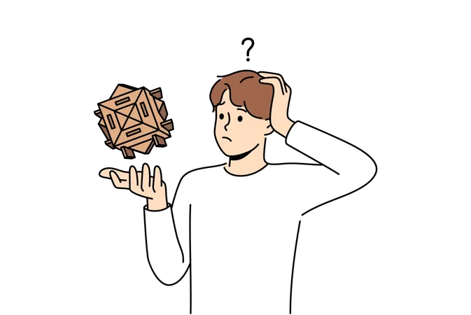 O menino pensa como resolver o cubo de Rubq  Ilustração