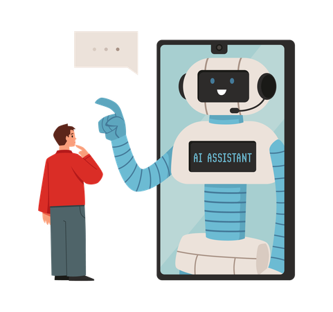 Menino pensativo assistindo na tela enorme do celular com assistente de IA robô falante  Ilustração