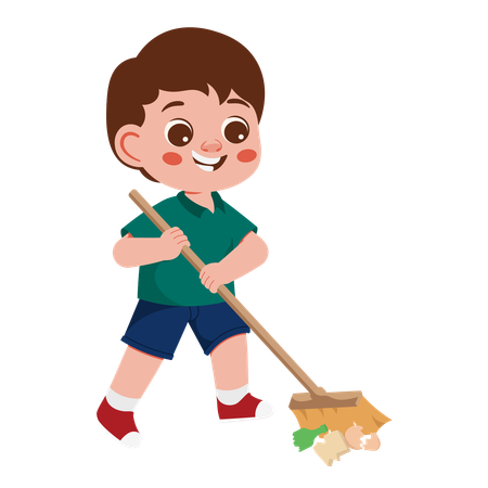 Personagem menino limpando lixo varrendo lixo  Ilustração