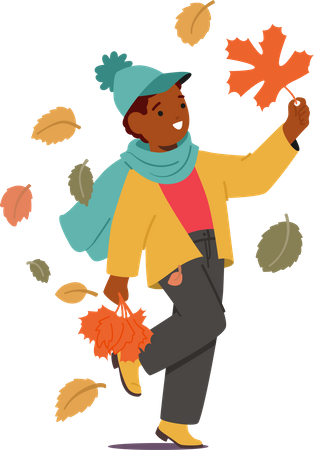 Personagem de garotinho passeando com um punhado de folhas vibrantes de outono nas mãos  Ilustração