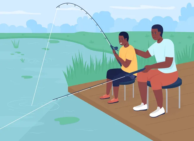 Menino pescando com o pai  Ilustração