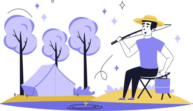 Menino pescando durante acampamento de verão  Ilustração
