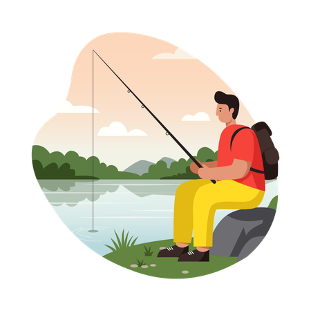 Menino pescando no lago  Ilustração