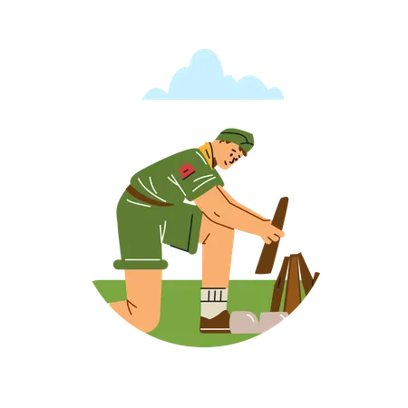 Menino pioneiro acendendo fogo em acampamento  Ilustração