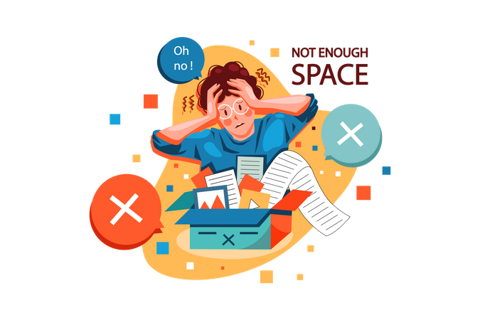 Menino preocupado por não ter espaço suficiente  Ilustração