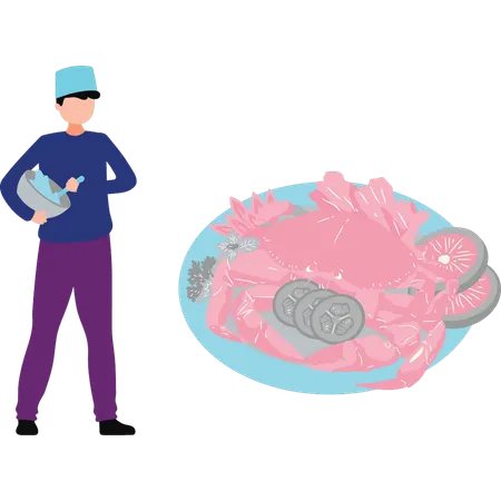 Menino prepara prato de caranguejo  Ilustração