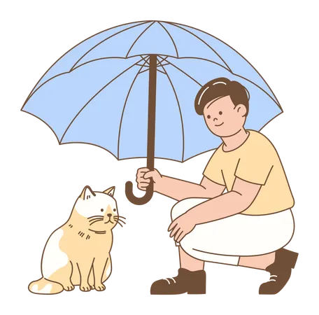 Menino protegendo gato com guarda-chuva  Ilustração