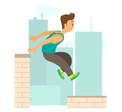 Menino pulando de um telhado para outro  Ilustração