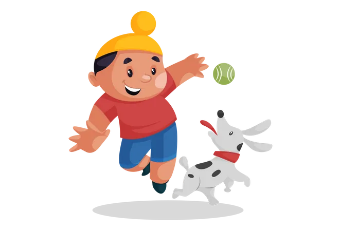 Menino punjabi jogando bola com seu cachorro  Ilustração
