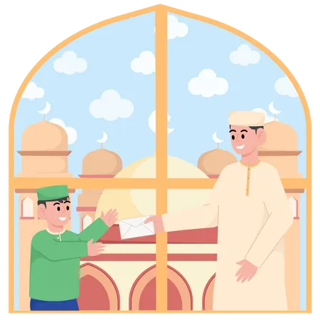 Menino recebendo dinheiro do pai no Ramadã  Ilustração