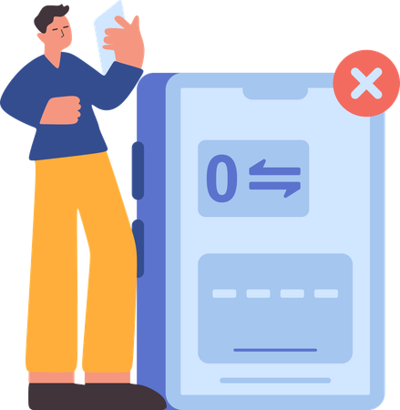 Menino recebe erro de transação no smartphone  Ilustração