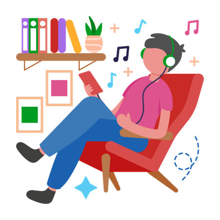 Menino relaxa ouvindo música  Ilustração