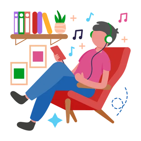 Menino relaxa ouvindo música  Ilustração