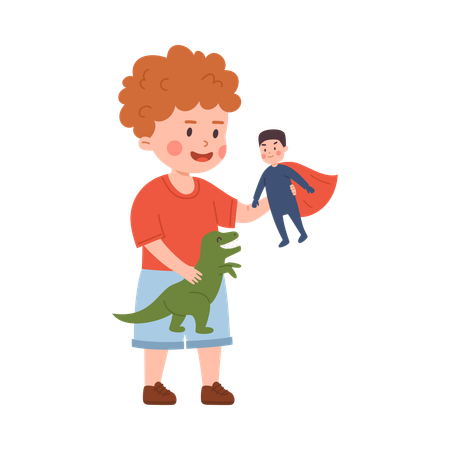 Menino ruivo feliz segurando o brinquedo do super-homem e do dragão, criança brinca com o brinquedo favorito dos melhores amigos  Ilustração