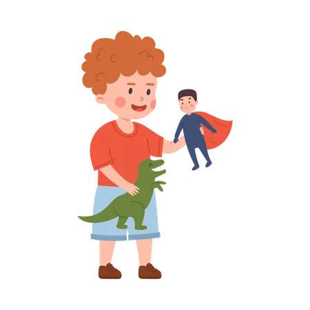 Menino ruivo feliz segurando o brinquedo do super-homem e do dragão, criança brinca com o brinquedo favorito dos melhores amigos  Ilustração
