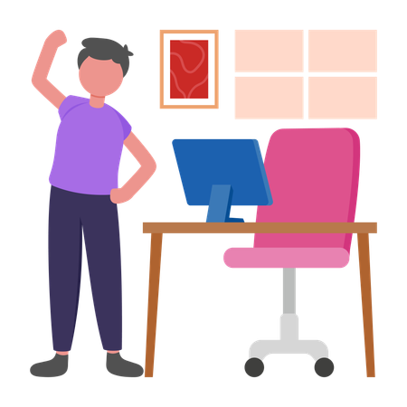 Menino se alongando no escritório  Ilustração