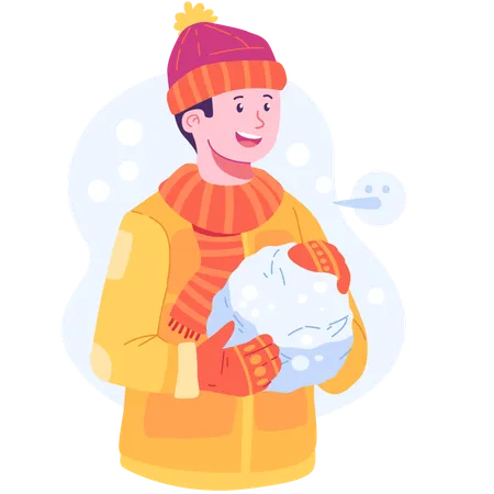 Menino segurando uma bola de neve  Ilustração