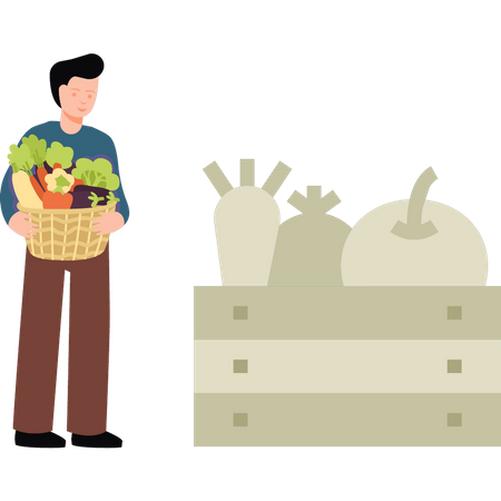 Menino segurando uma cesta de legumes  Ilustração