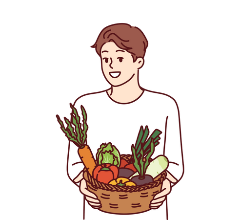 Menino segurando uma cesta de legumes  Ilustração
