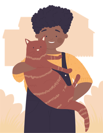 Menino segurando um gatinho ruivo nas mãos  Illustration