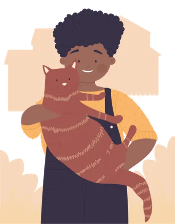 Menino segurando um gatinho ruivo nas mãos  Illustration