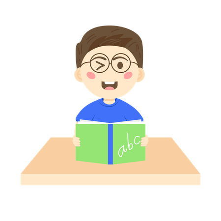 Menino segurando livro em inglês  Ilustração