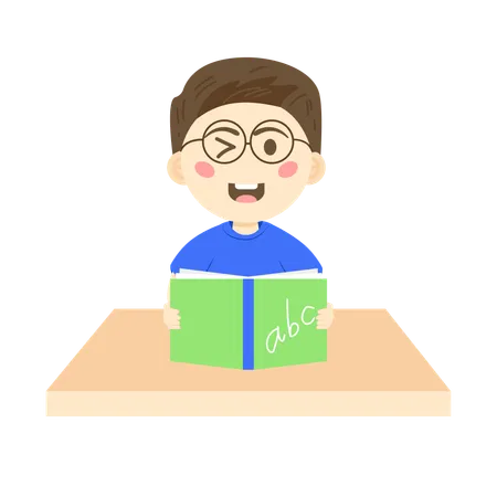 Menino segurando livro em inglês  Ilustração