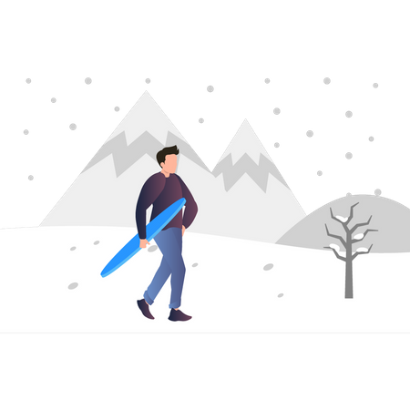 Menino segurando snowboard na neve  Ilustração