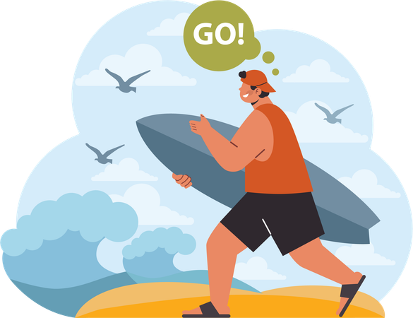 Menino segurando uma prancha de surf e indo surfar  Ilustração