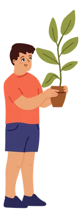 Menino segurando vaso de planta  Ilustração