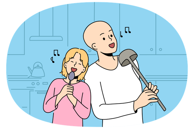 Menino e menina sem pelos cantam em pé na cozinha  Ilustração