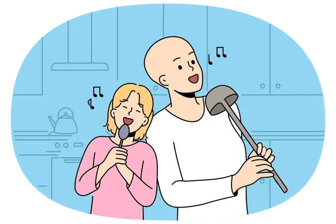 Menino e menina sem pelos cantam em pé na cozinha  Ilustração